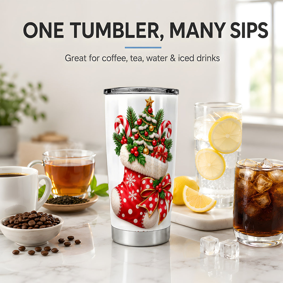 Christmas Stocking Tumbler, 20oz Stainless Steel with Candy Cane Art