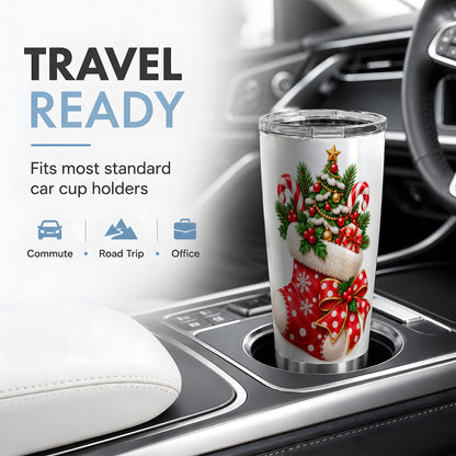 Christmas Stocking Tumbler, 20oz Stainless Steel with Candy Cane Art