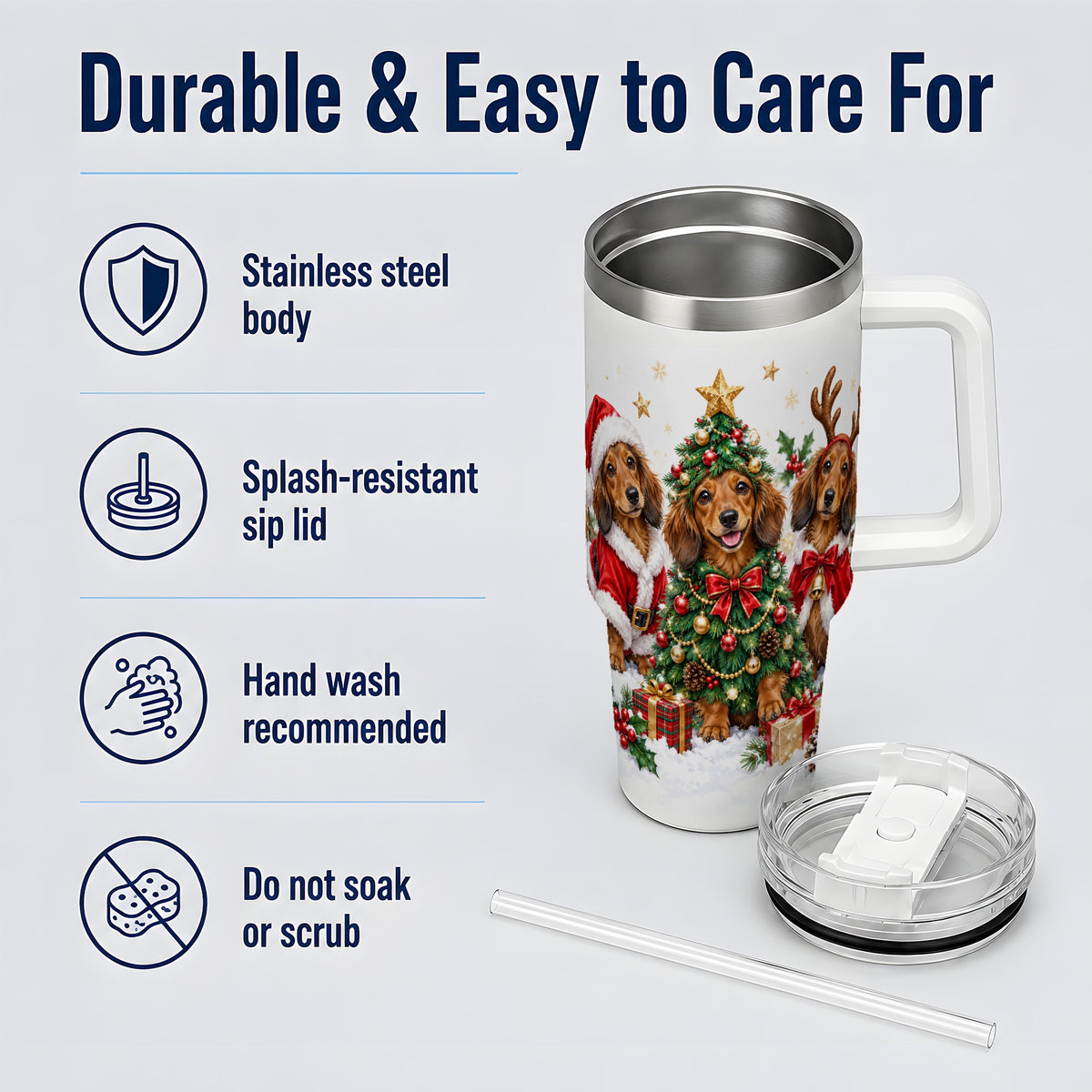 Christmas Dachshund Trio Handled Tumbler, 40oz Holiday Drinkware