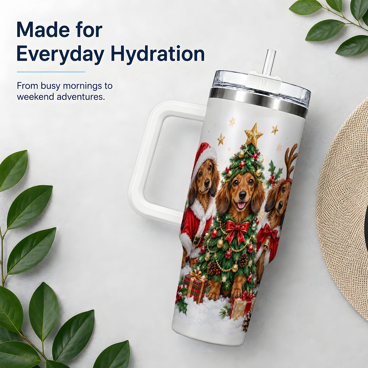 Christmas Dachshund Trio Handled Tumbler, 40oz Holiday Drinkware