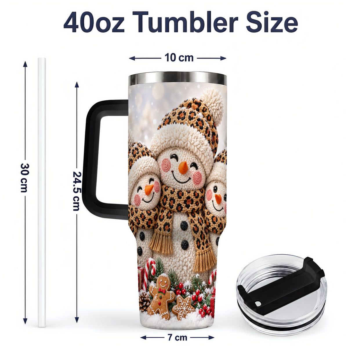 #pl[40oz|Black] Leopard Print Snowmen Handled Tumbler, 40oz Christmas Drinkware