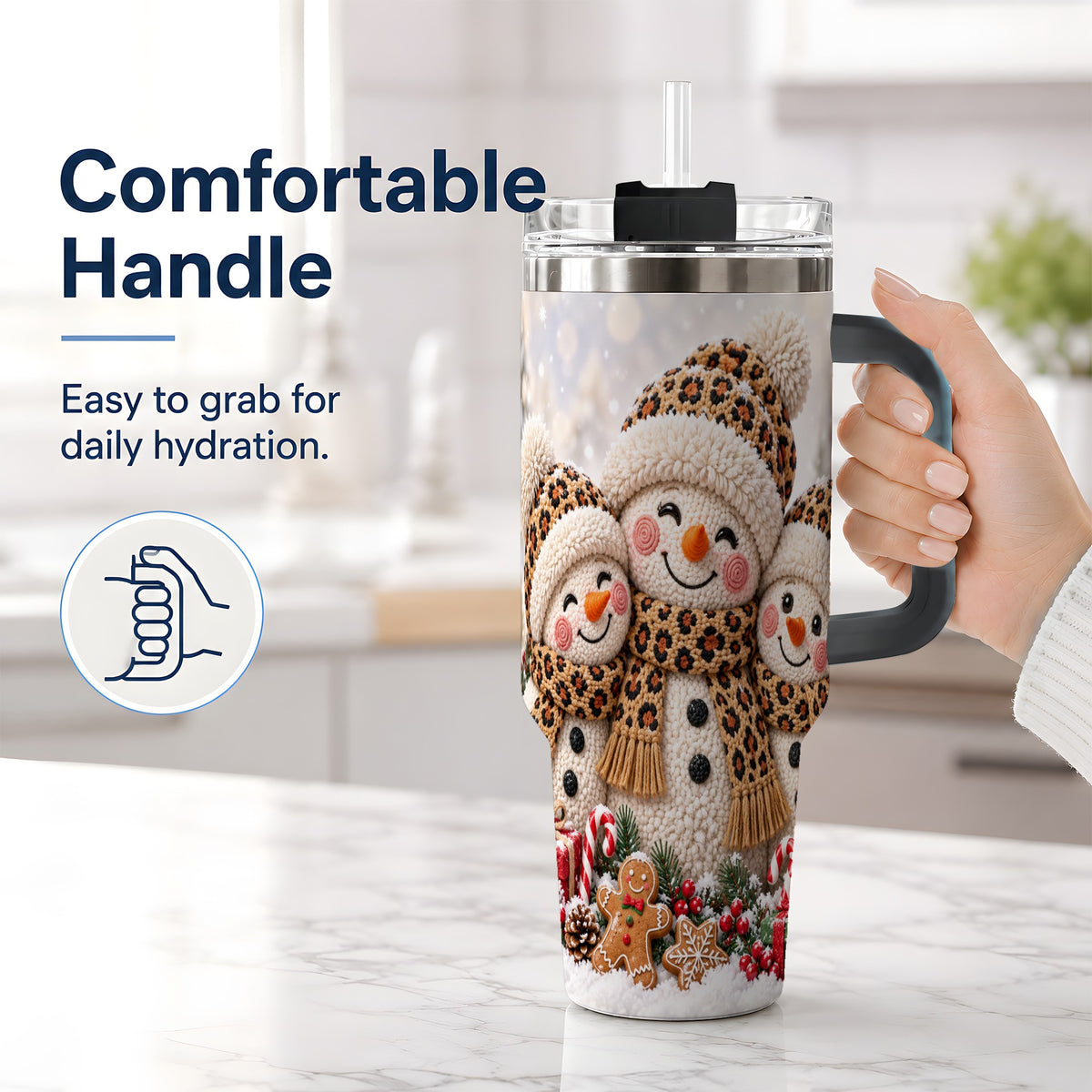 #pl[40oz|Black] Leopard Print Snowmen Handled Tumbler, 40oz Christmas Drinkware