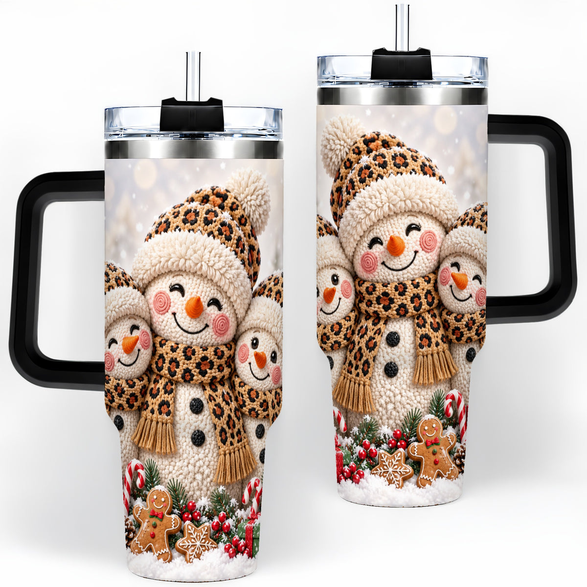 #pl[40oz|Black] Leopard Print Snowmen Handled Tumbler, 40oz Christmas Drinkware