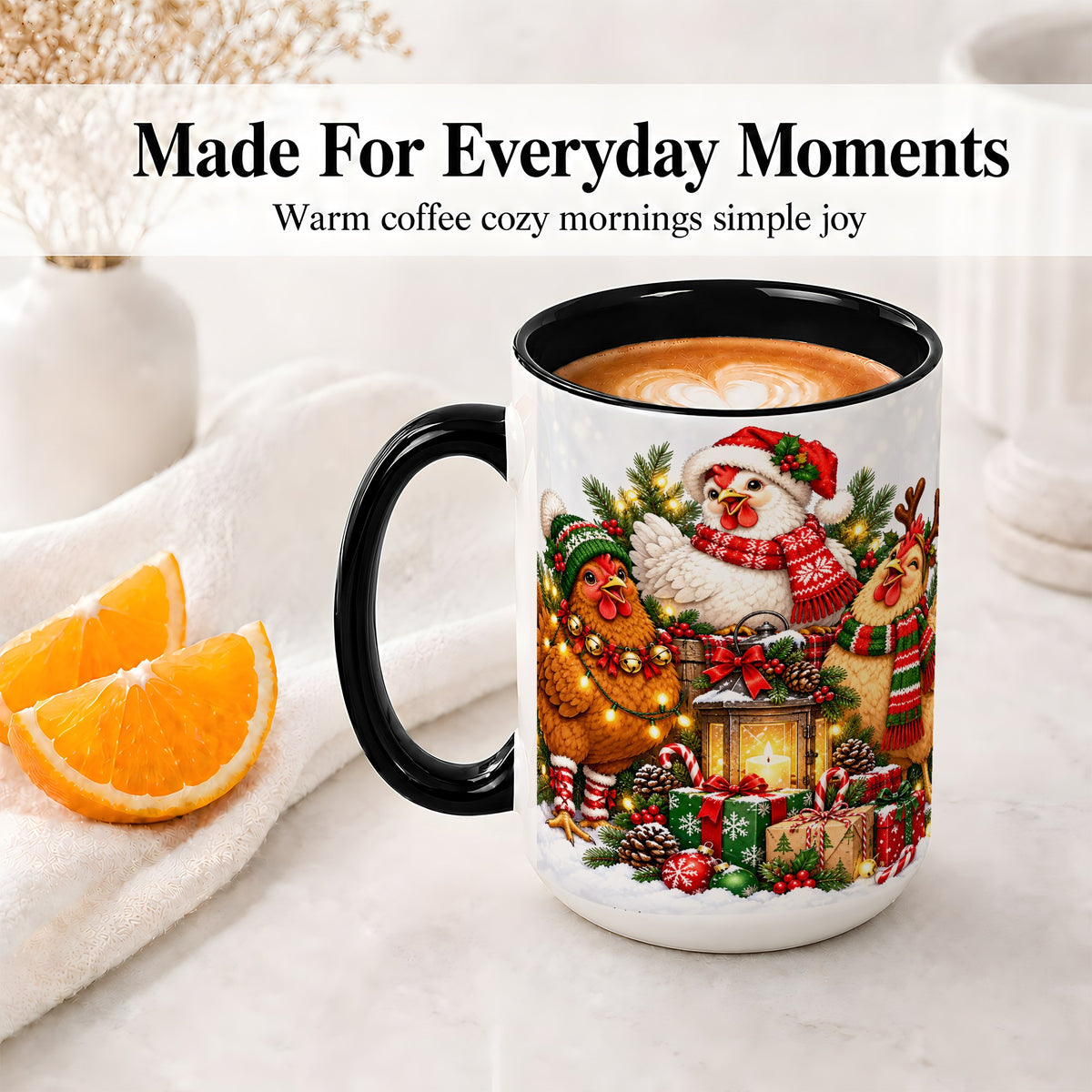 #pl[15oz|Black] Christmas Chickens Accent Mug, Ceramic Coffee Cup for Chicken Lovers