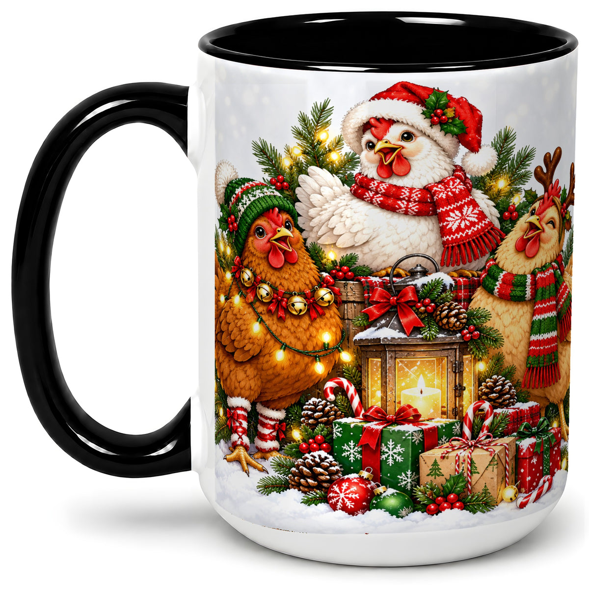 #pl[15oz|Black] Christmas Chickens Accent Mug, Ceramic Coffee Cup for Chicken Lovers