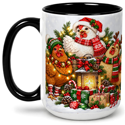 #pl[15oz|Black] Christmas Chickens Accent Mug, Ceramic Coffee Cup for Chicken Lovers