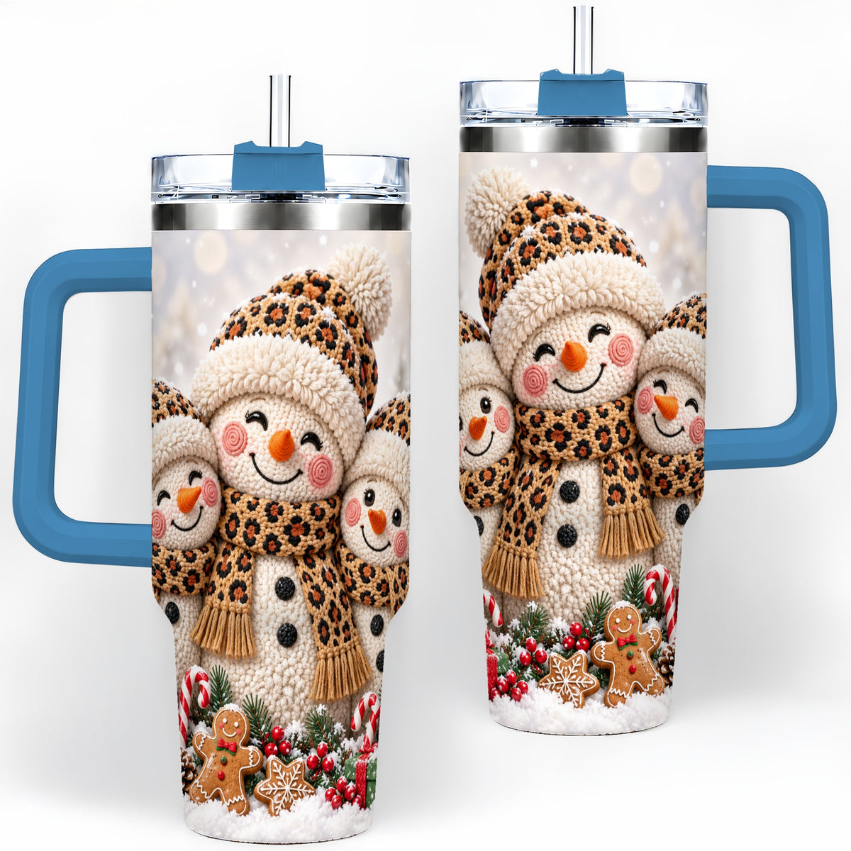 #pl[40oz|Blue] Leopard Print Snowmen Handled Tumbler, 40oz Christmas Drinkware