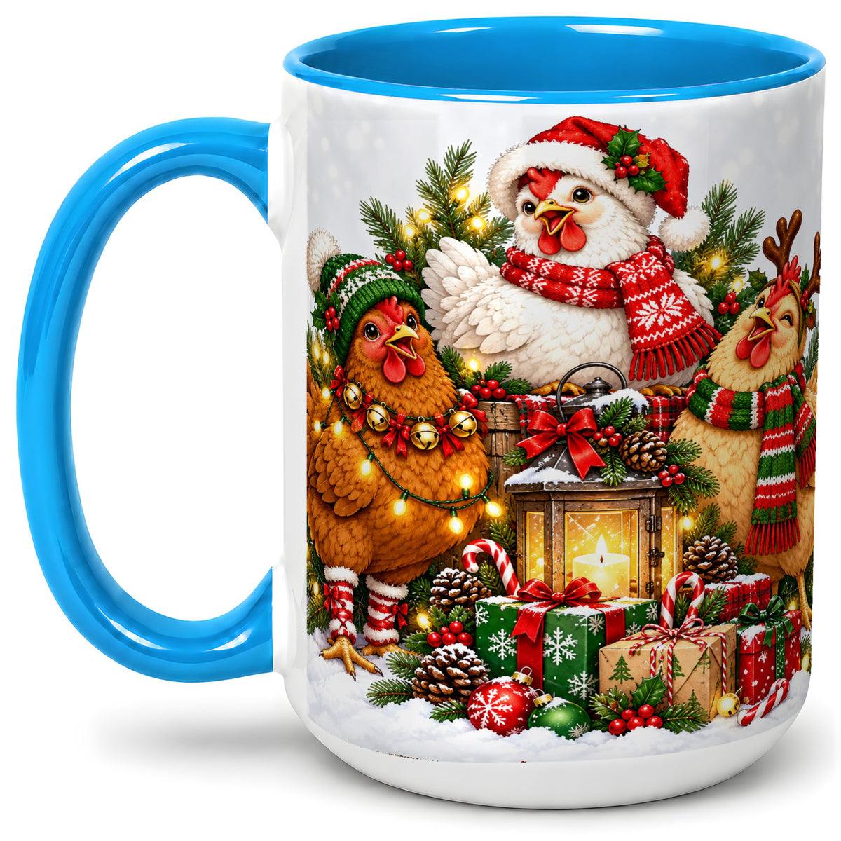 #pl[15oz|Blue] Christmas Chickens Accent Mug, Ceramic Coffee Cup for Chicken Lovers