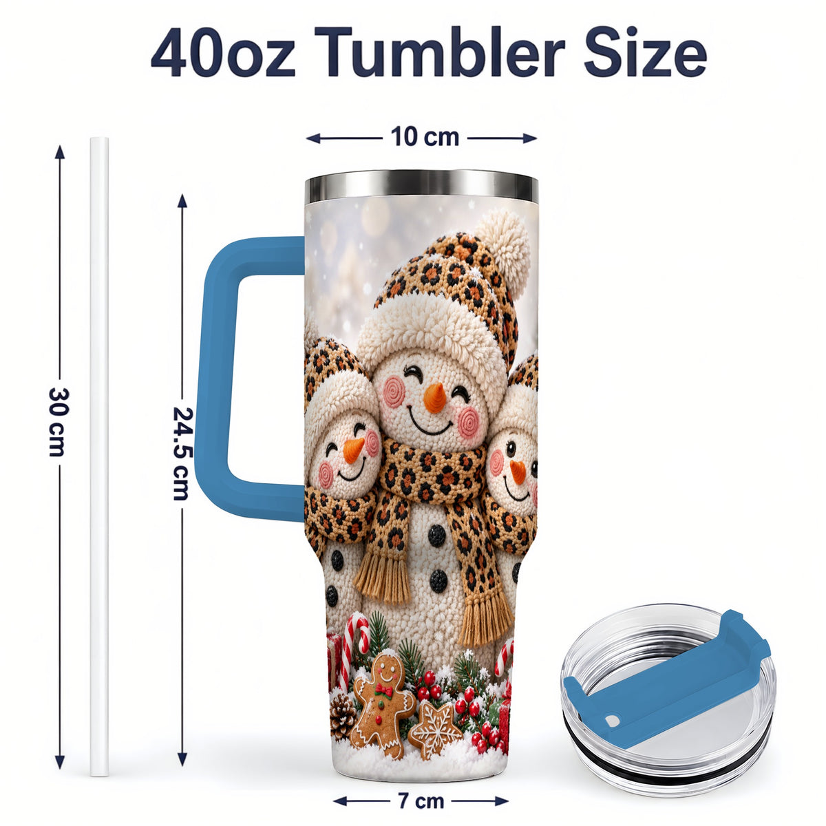#pl[40oz|Blue] Leopard Print Snowmen Handled Tumbler, 40oz Christmas Drinkware