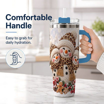 #pl[40oz|Blue] Leopard Print Snowmen Handled Tumbler, 40oz Christmas Drinkware