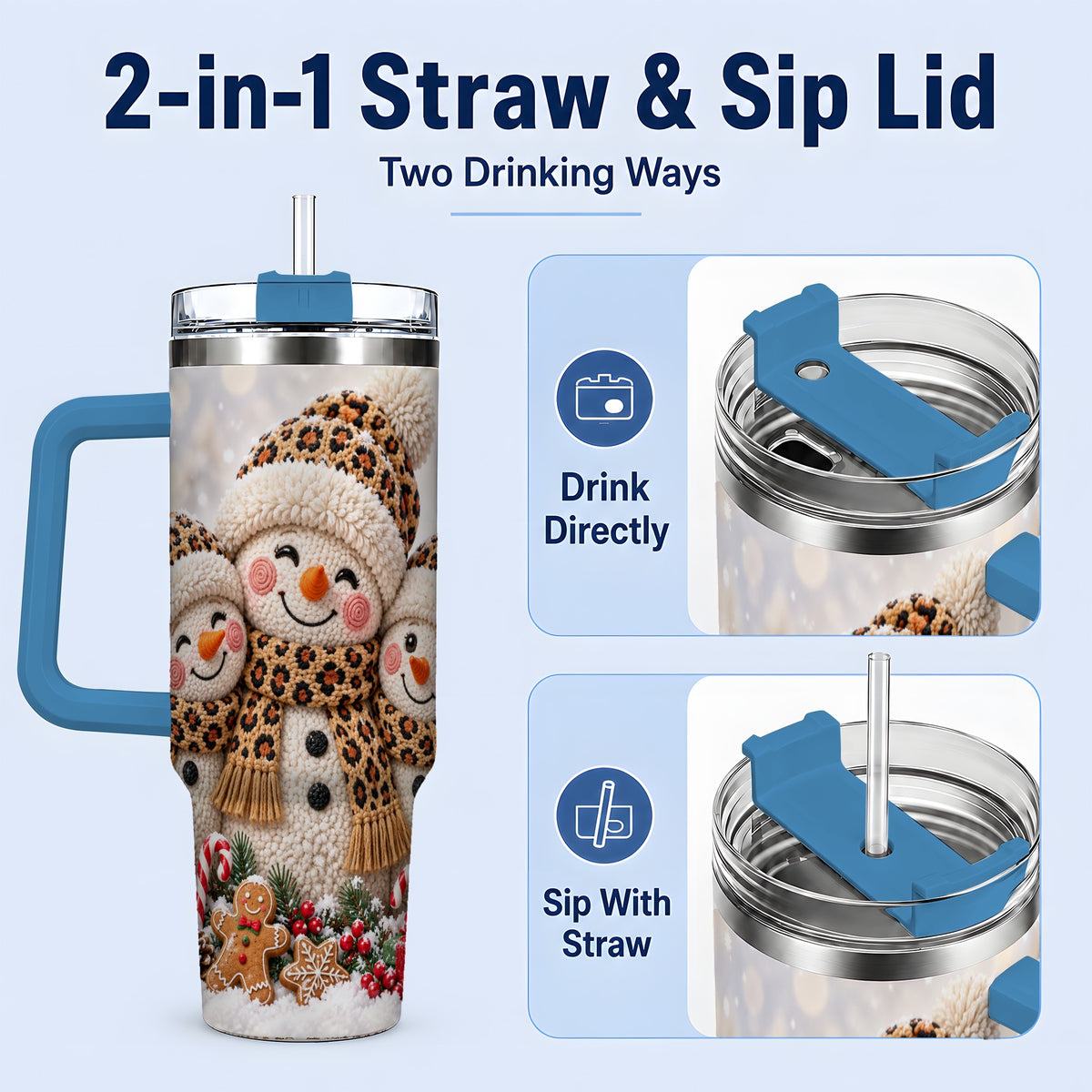 #pl[40oz|Blue] Leopard Print Snowmen Handled Tumbler, 40oz Christmas Drinkware