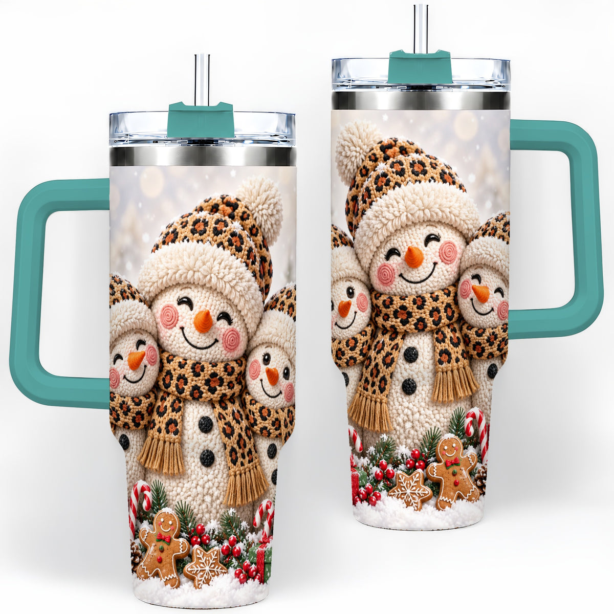 #pl[40oz|Green] Leopard Print Snowmen Handled Tumbler, 40oz Christmas Drinkware