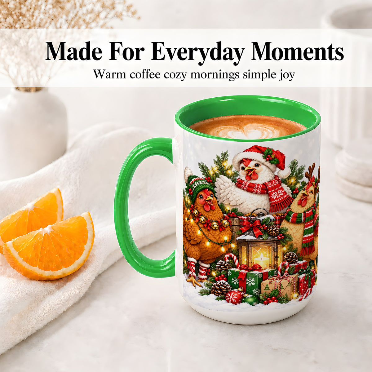 #pl[15oz|Green] Christmas Chickens Accent Mug, Ceramic Coffee Cup for Chicken Lovers