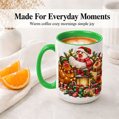 #pl[15oz|Green] Christmas Chickens Accent Mug, Ceramic Coffee Cup for Chicken Lovers