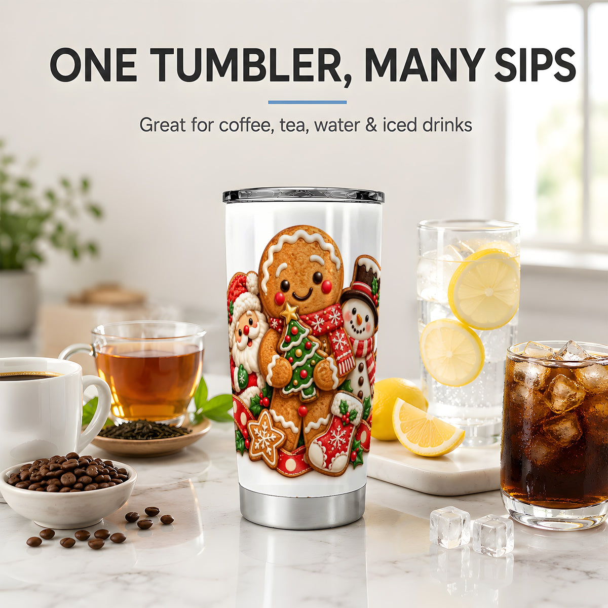Gingerbread Christmas Tumbler, 20oz Stainless Steel Holiday Drinkware