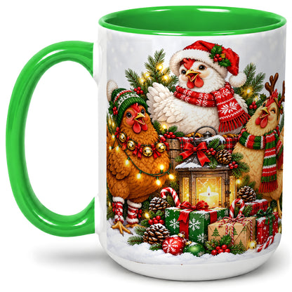 #pl[15oz|Green] Christmas Chickens Accent Mug, Ceramic Coffee Cup for Chicken Lovers