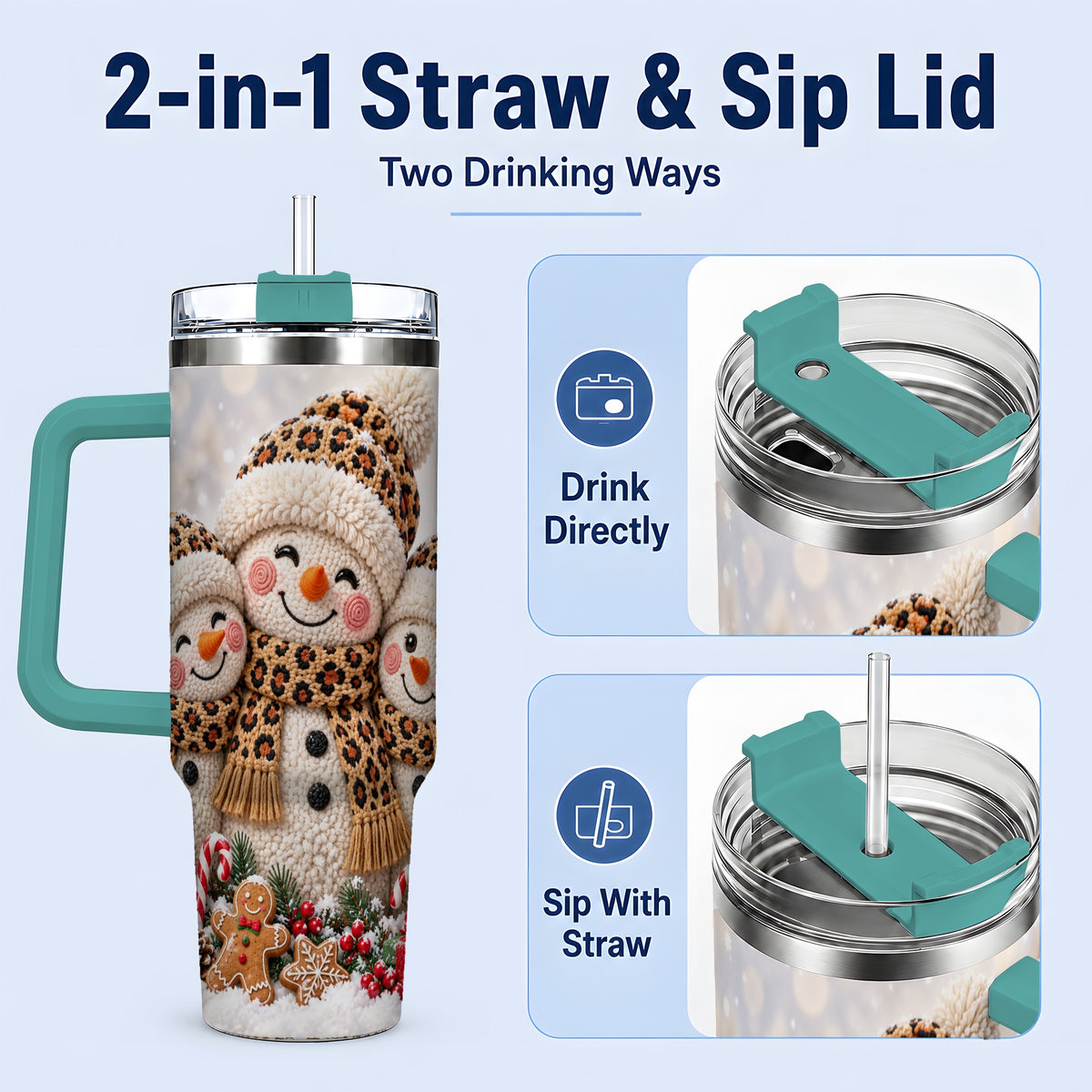 #pl[40oz|Green] Leopard Print Snowmen Handled Tumbler, 40oz Christmas Drinkware