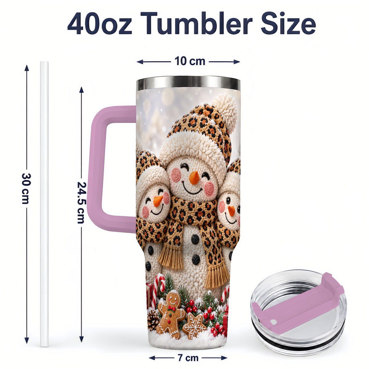 #pl[40oz|Pink] Leopard Print Snowmen Handled Tumbler, 40oz Christmas Drinkware