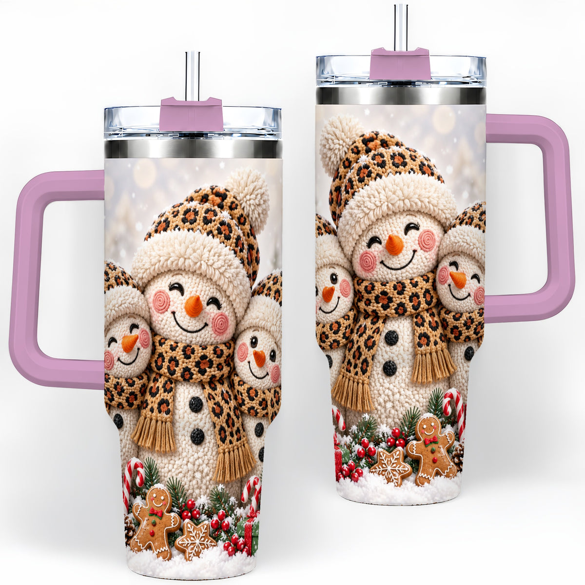 #pl[40oz|Pink] Leopard Print Snowmen Handled Tumbler, 40oz Christmas Drinkware