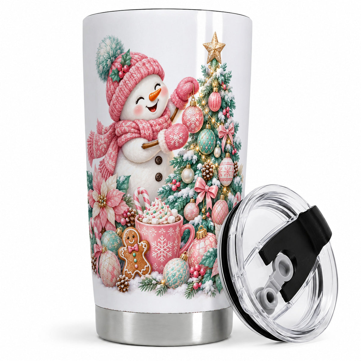 Pink Snowman Christmas Tumbler, 20oz Stainless Steel Drinkware