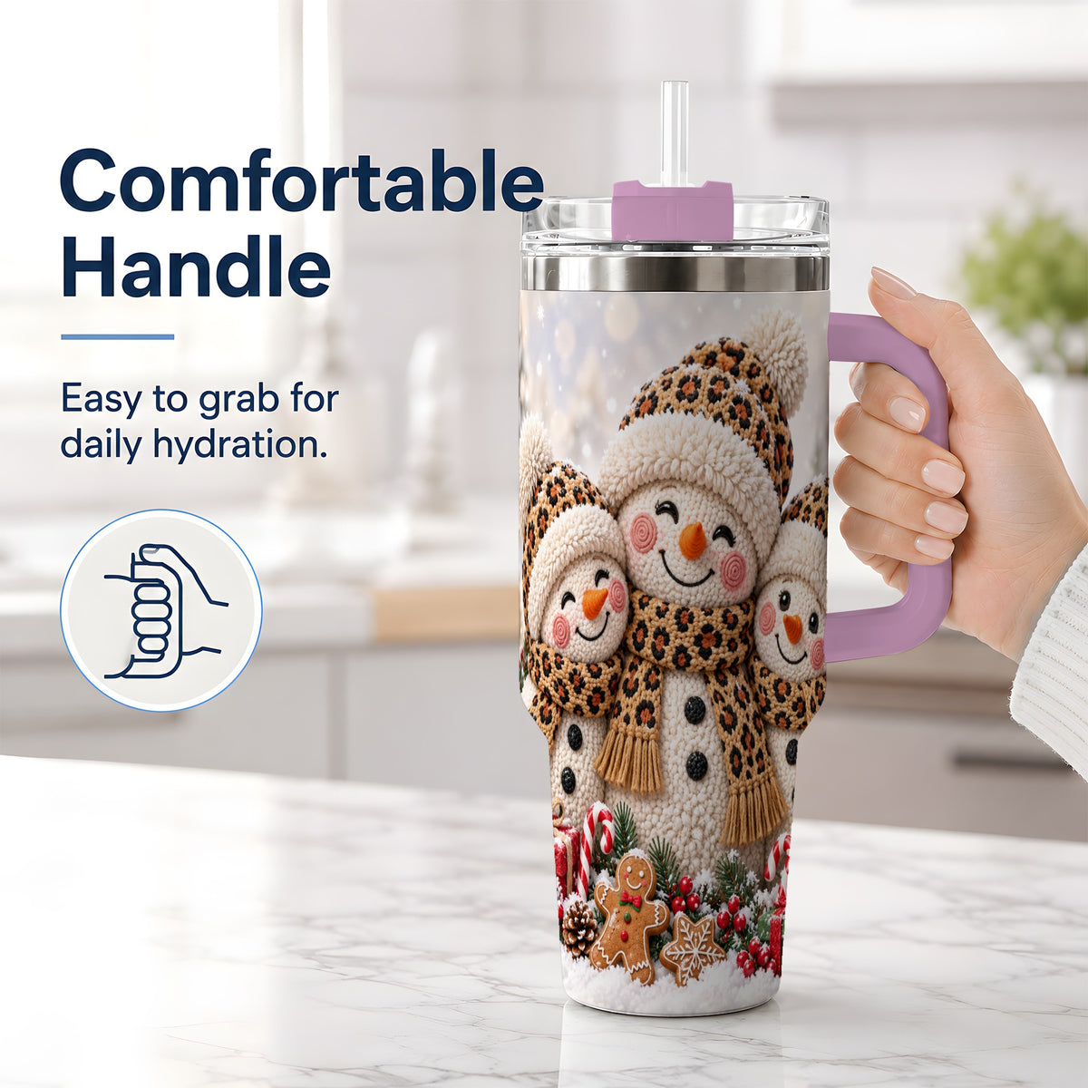 #pl[40oz|Pink] Leopard Print Snowmen Handled Tumbler, 40oz Christmas Drinkware