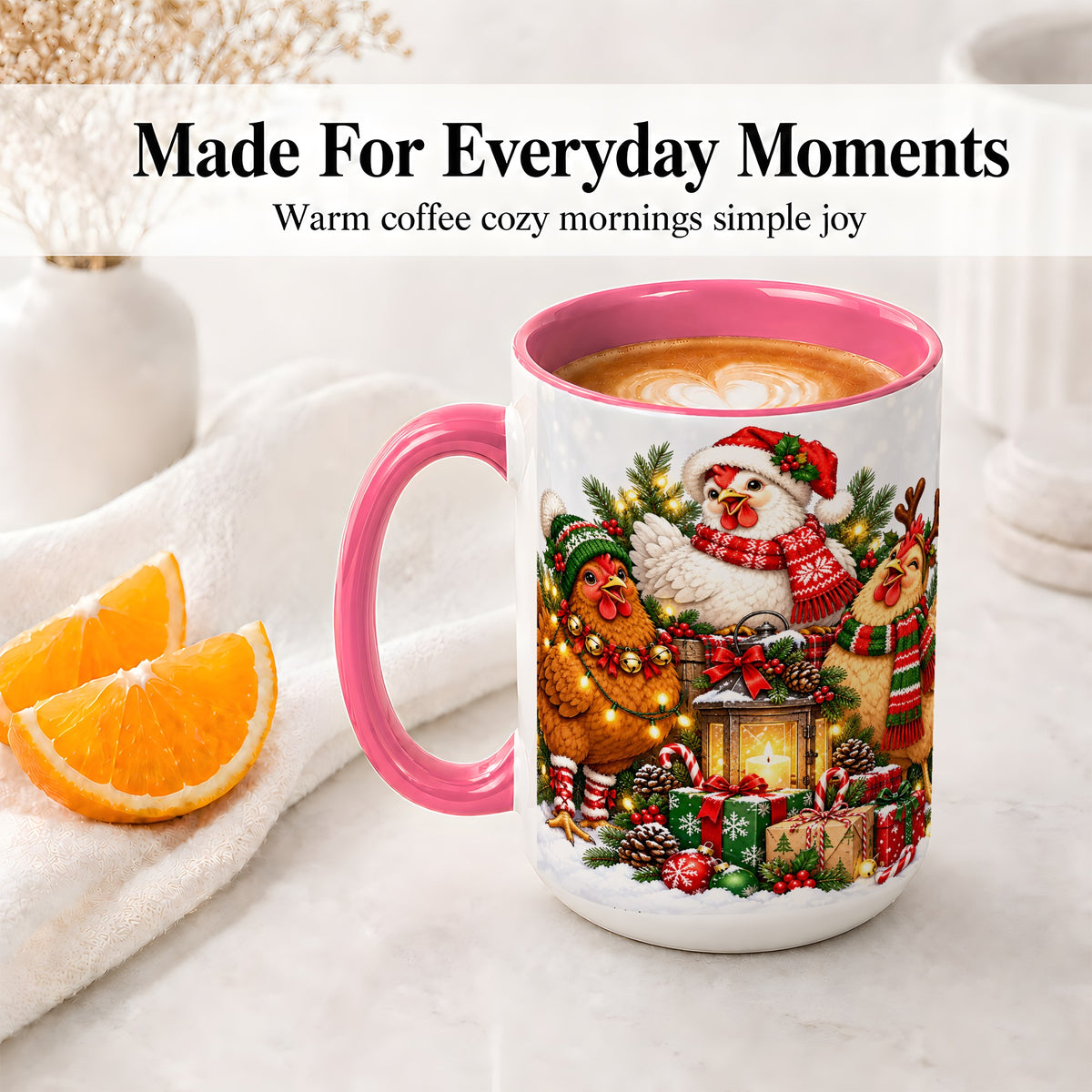 #pl[15oz|Pink] Christmas Chickens Accent Mug, Ceramic Coffee Cup for Chicken Lovers
