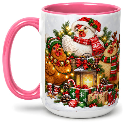 #pl[15oz|Pink] Christmas Chickens Accent Mug, Ceramic Coffee Cup for Chicken Lovers