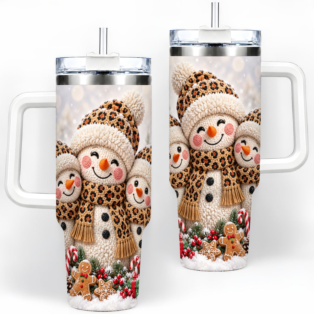 Leopard Print Snowmen Handled Tumbler, 40oz Christmas Drinkware
