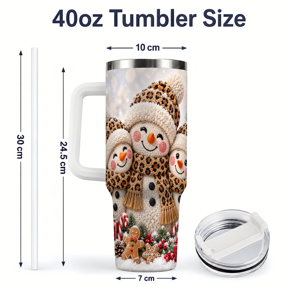 #pl[40oz|White] Leopard Print Snowmen Handled Tumbler, 40oz Christmas Drinkware
