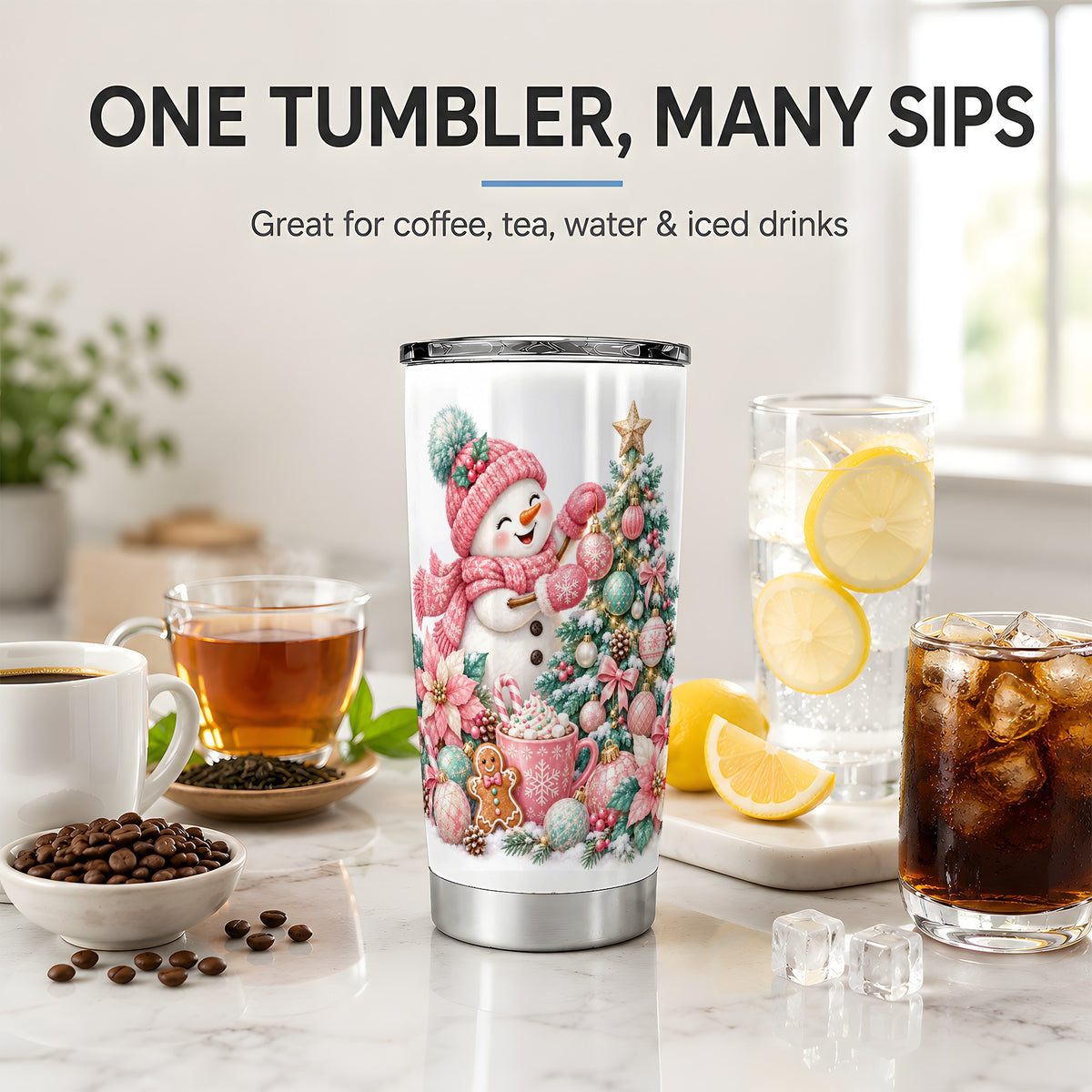 Pink Snowman Christmas Tumbler, 20oz Stainless Steel Drinkware
