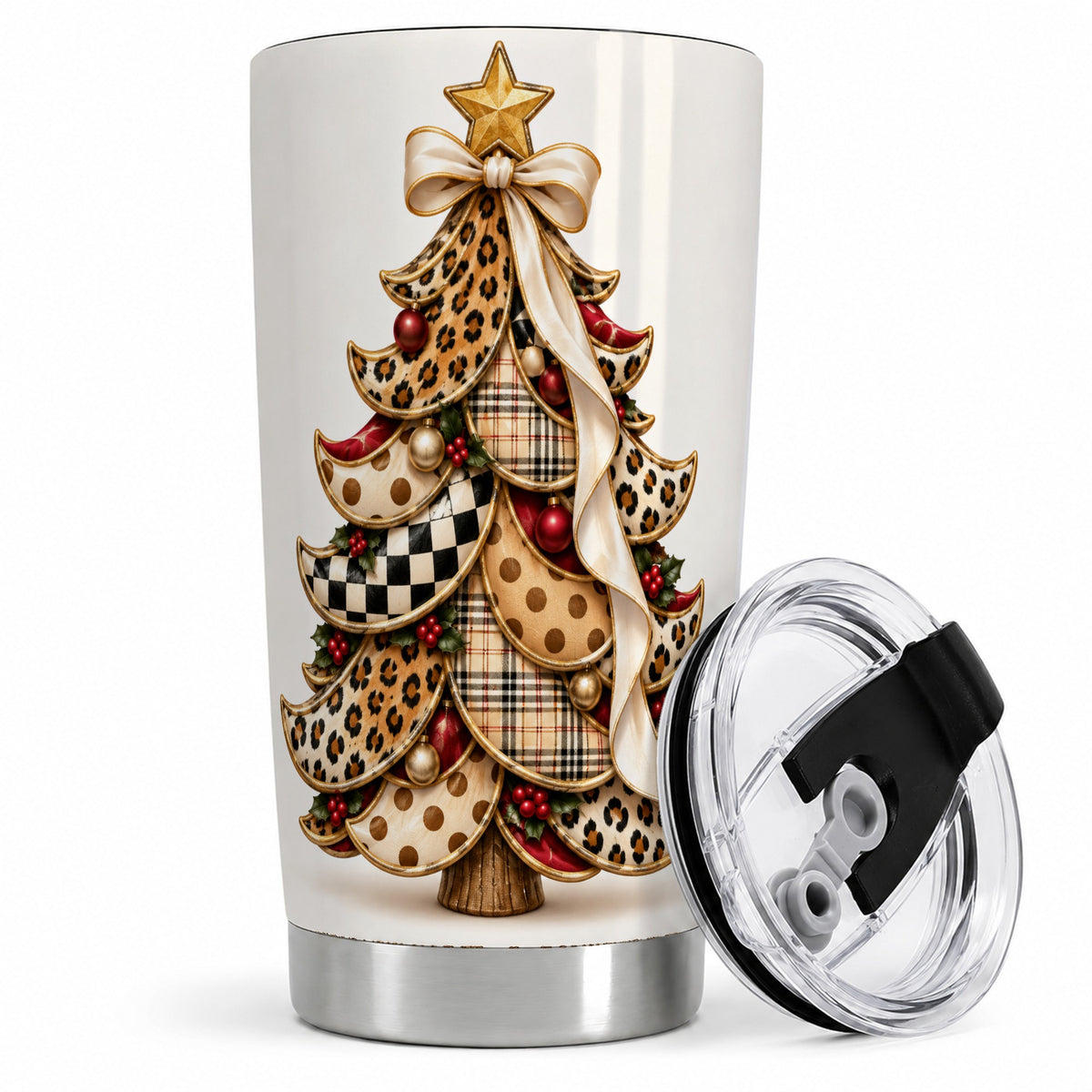 Leopard Print Christmas Tree Tumbler, 20oz Stainless Steel Drinkware