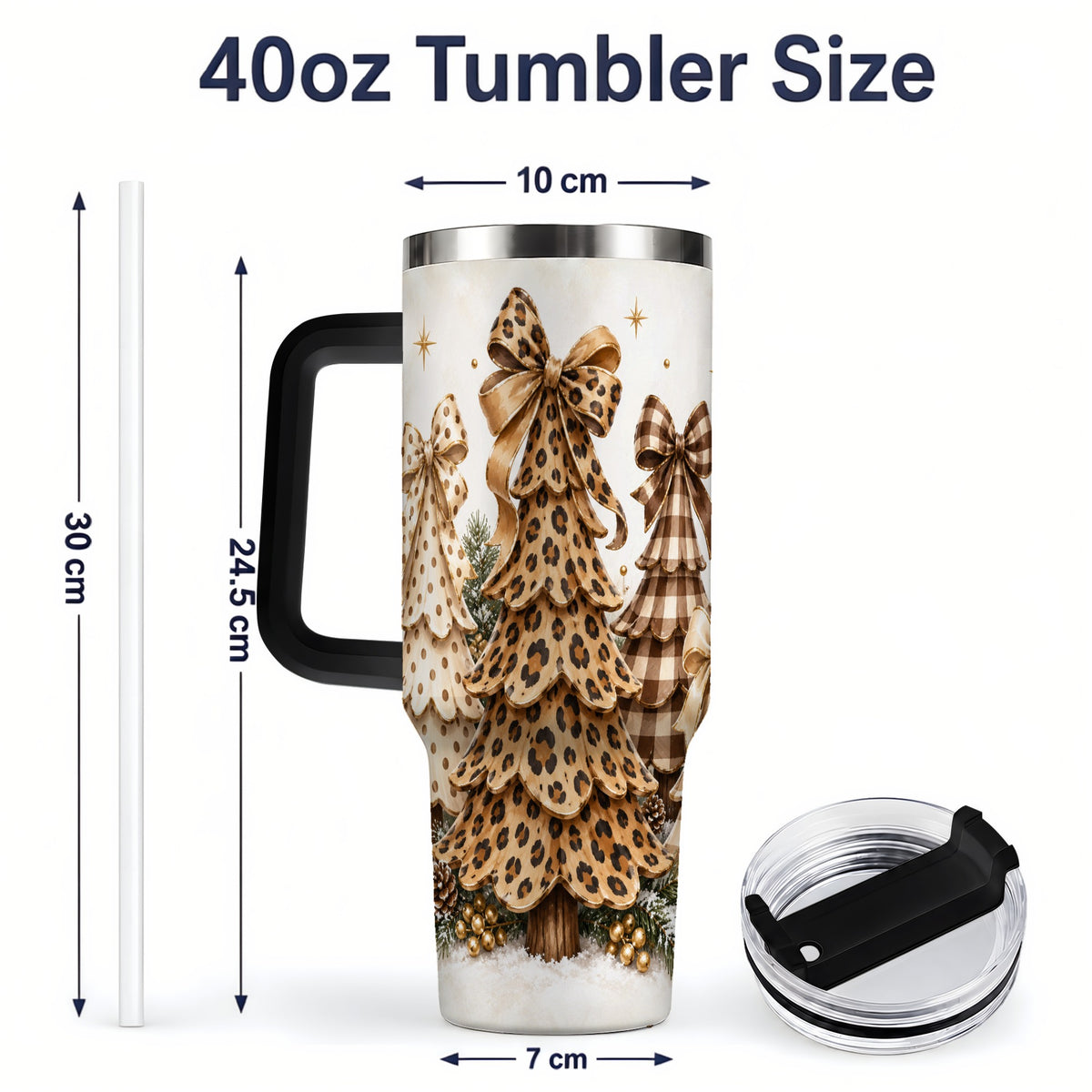 #pl[40oz|Black] Leopard Print Christmas Trees Handled Tumbler, 40oz Holiday Drinkware