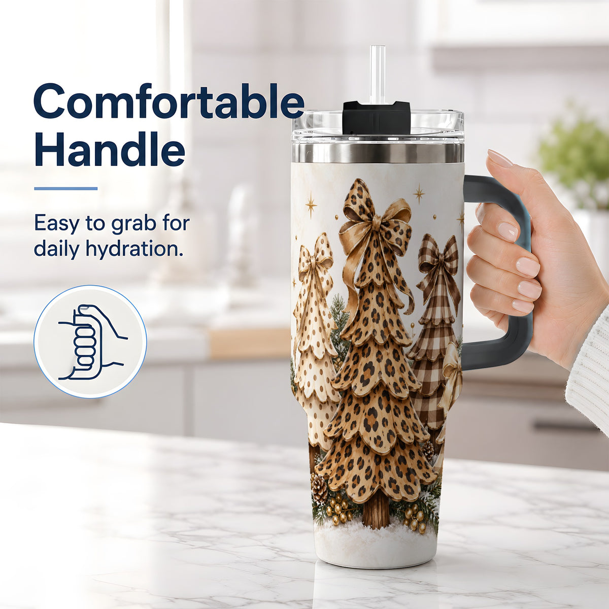 #pl[40oz|Black] Leopard Print Christmas Trees Handled Tumbler, 40oz Holiday Drinkware