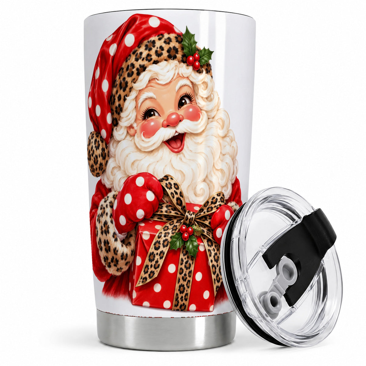 Leopard Print Santa Claus Accent Ceramic Mug 11oz, Polka Dot Design