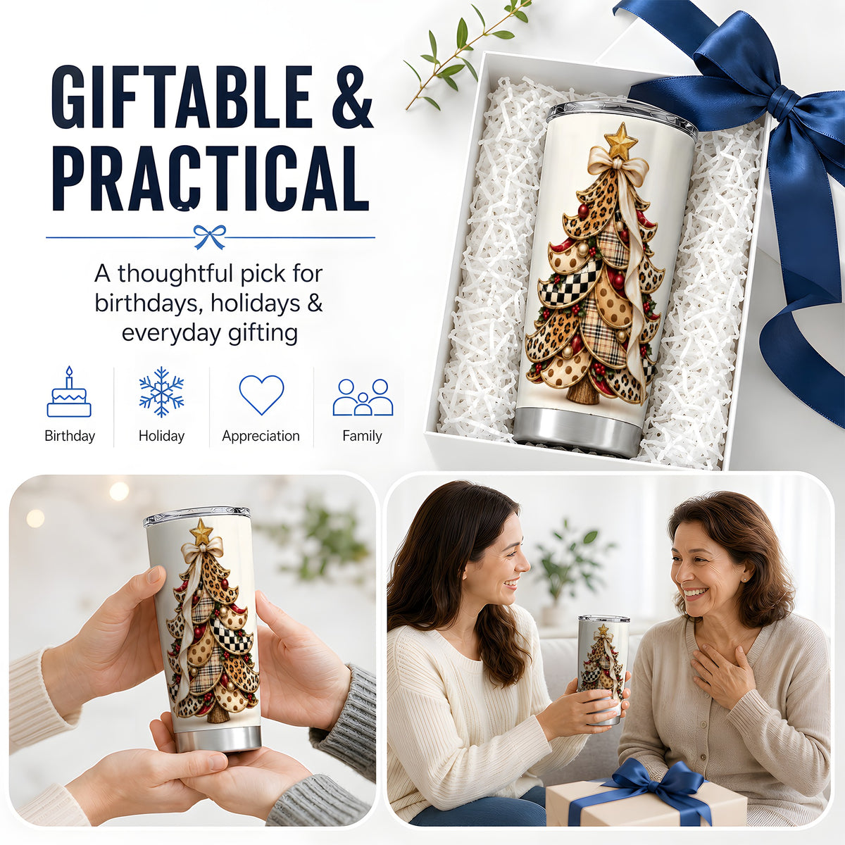 Leopard Print Christmas Tree Tumbler, 20oz Stainless Steel Drinkware