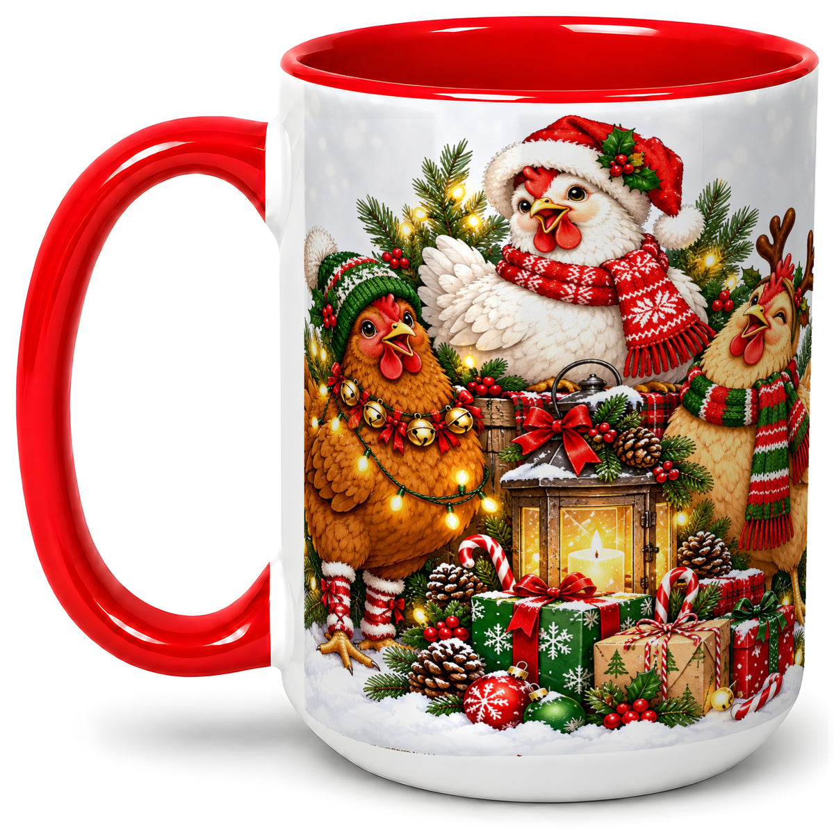 #pl[15oz|Red] Christmas Chickens Accent Mug, Ceramic Coffee Cup for Chicken Lovers
