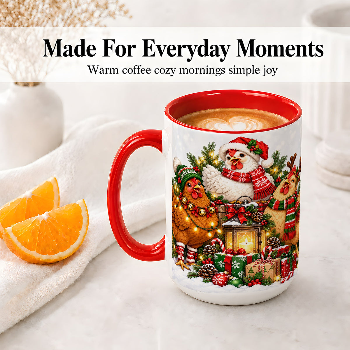 #pl[15oz|Red] Christmas Chickens Accent Mug, Ceramic Coffee Cup for Chicken Lovers