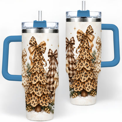 #pl[40oz|Blue] Leopard Print Christmas Trees Handled Tumbler, 40oz Holiday Drinkware