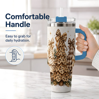 #pl[40oz|Blue] Leopard Print Christmas Trees Handled Tumbler, 40oz Holiday Drinkware