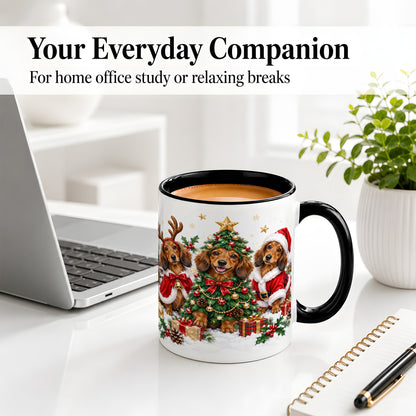 #pl[11oz|Black] Christmas Dachshund Trio Accent Mug, Ceramic Cup for Dog Lovers