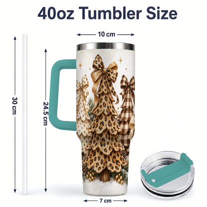 #pl[40oz|Green] Leopard Print Christmas Trees Handled Tumbler, 40oz Holiday Drinkware