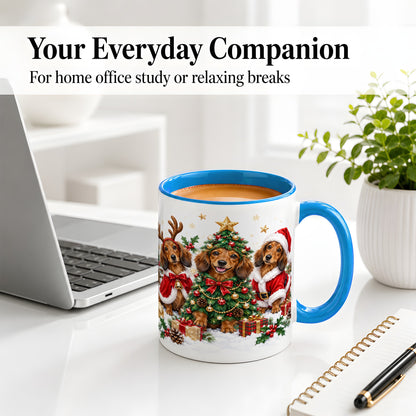 #pl[11oz|Blue] Christmas Dachshund Trio Accent Mug, Ceramic Cup for Dog Lovers