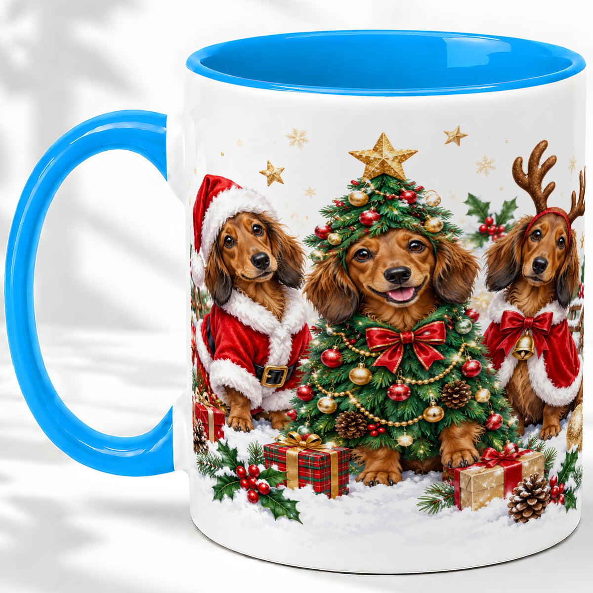 #pl[11oz|Blue] Christmas Dachshund Trio Accent Mug, Ceramic Cup for Dog Lovers