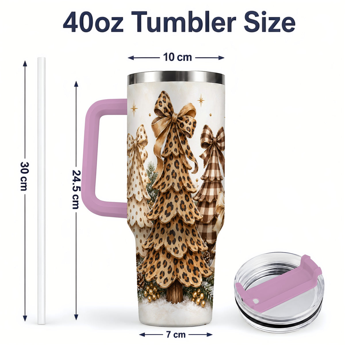 #pl[40oz|Pink] Leopard Print Christmas Trees Handled Tumbler, 40oz Holiday Drinkware