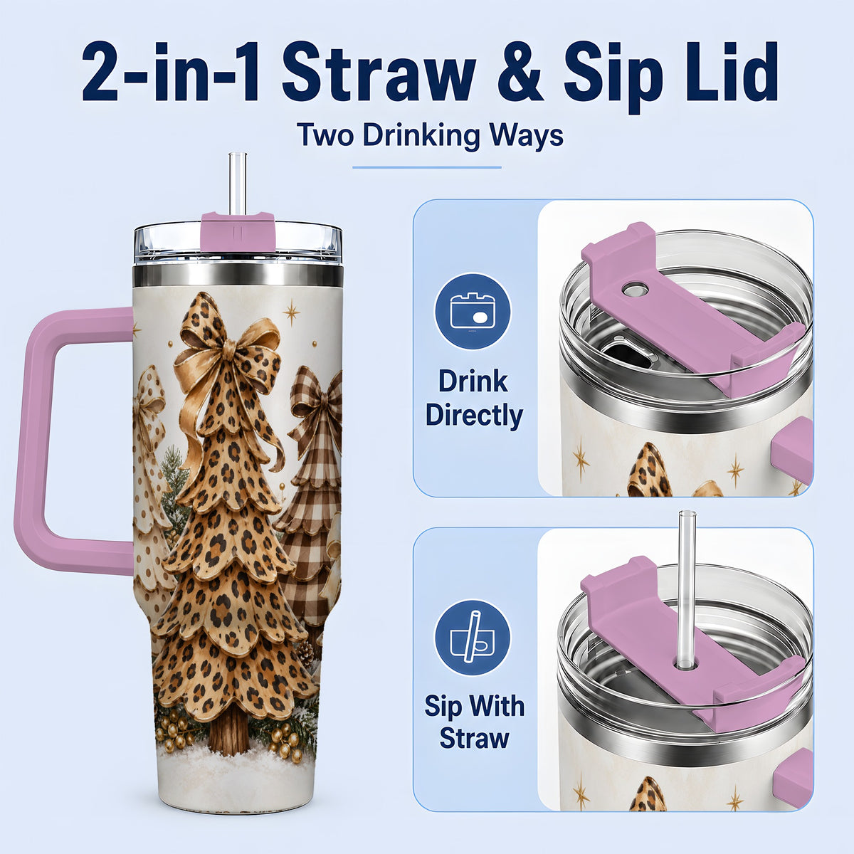 #pl[40oz|Pink] Leopard Print Christmas Trees Handled Tumbler, 40oz Holiday Drinkware