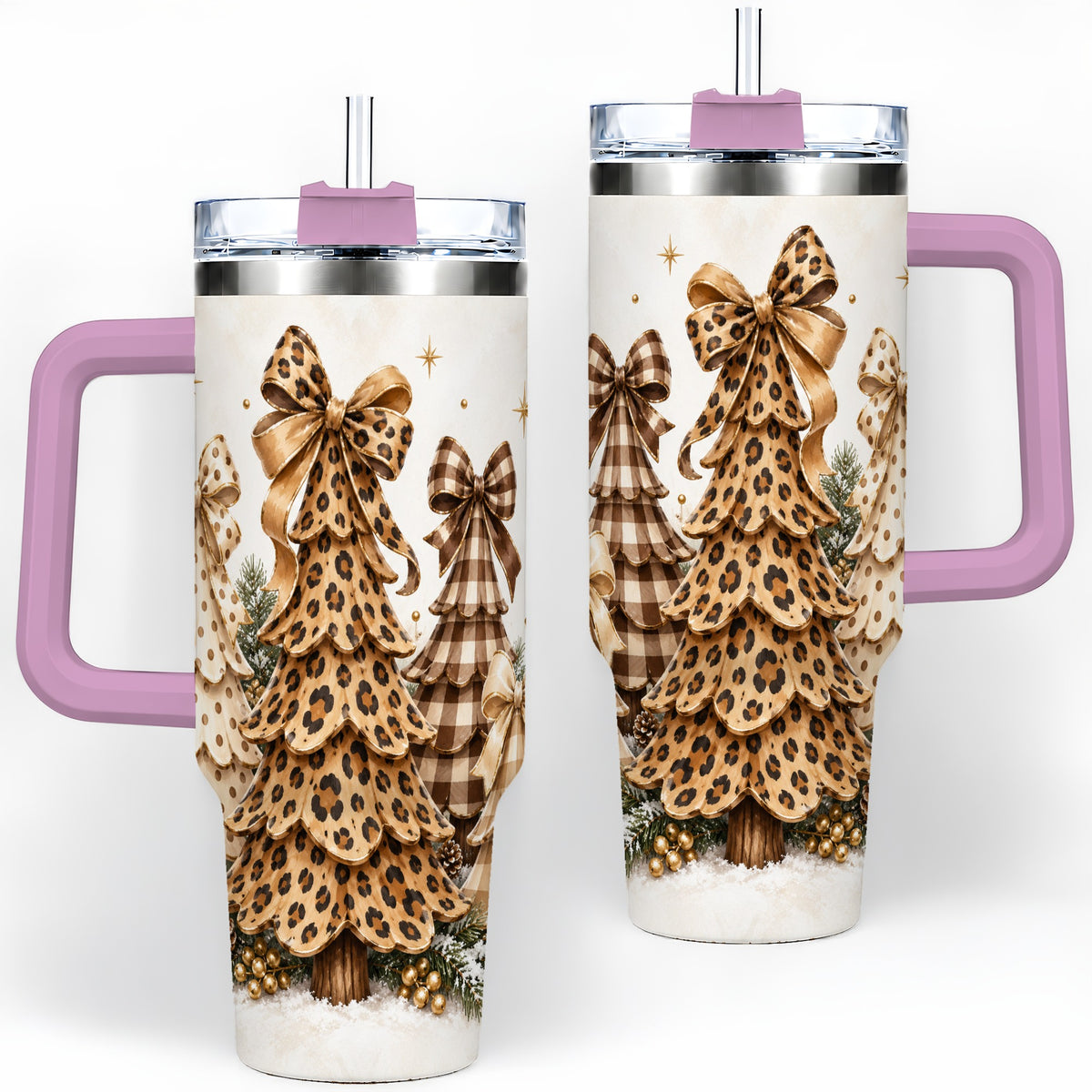 #pl[40oz|Pink] Leopard Print Christmas Trees Handled Tumbler, 40oz Holiday Drinkware