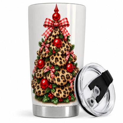 Leopard Print Christmas Tree 20oz Tumbler, Festive Red Ornament Design