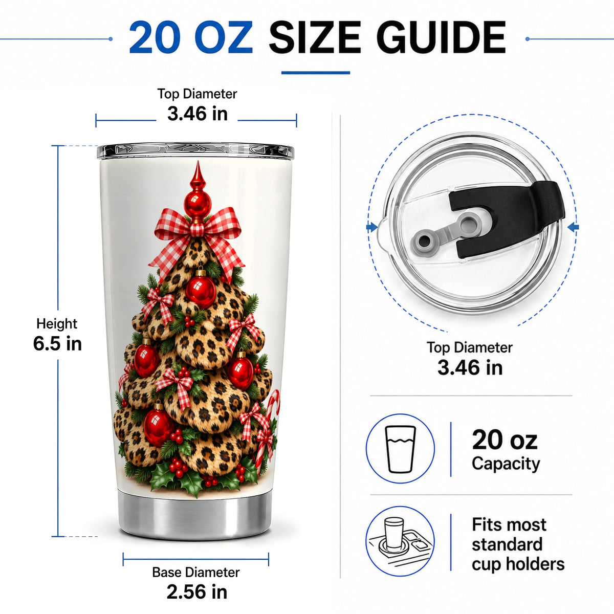 #pl[20oz|Steel] Leopard Print Christmas Tree 20oz Tumbler, Festive Red Ornament Design