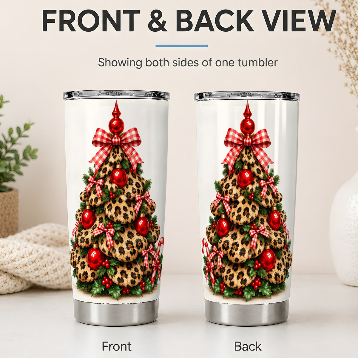 #pl[20oz|Steel] Leopard Print Christmas Tree 20oz Tumbler, Festive Red Ornament Design
