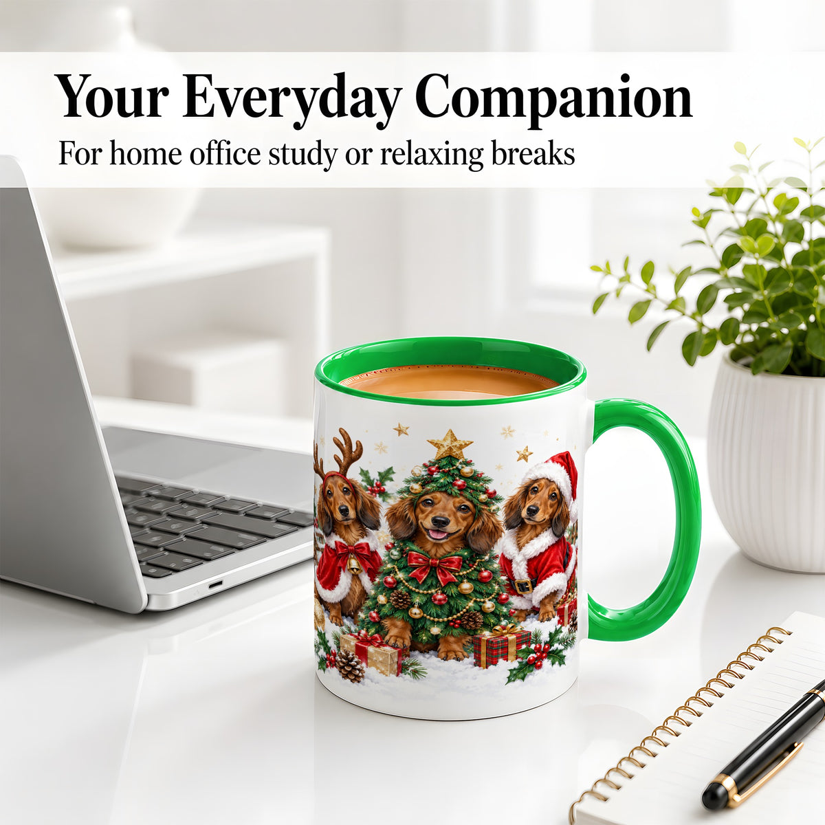 #pl[11oz|Green] Christmas Dachshund Trio Accent Mug, Ceramic Cup for Dog Lovers